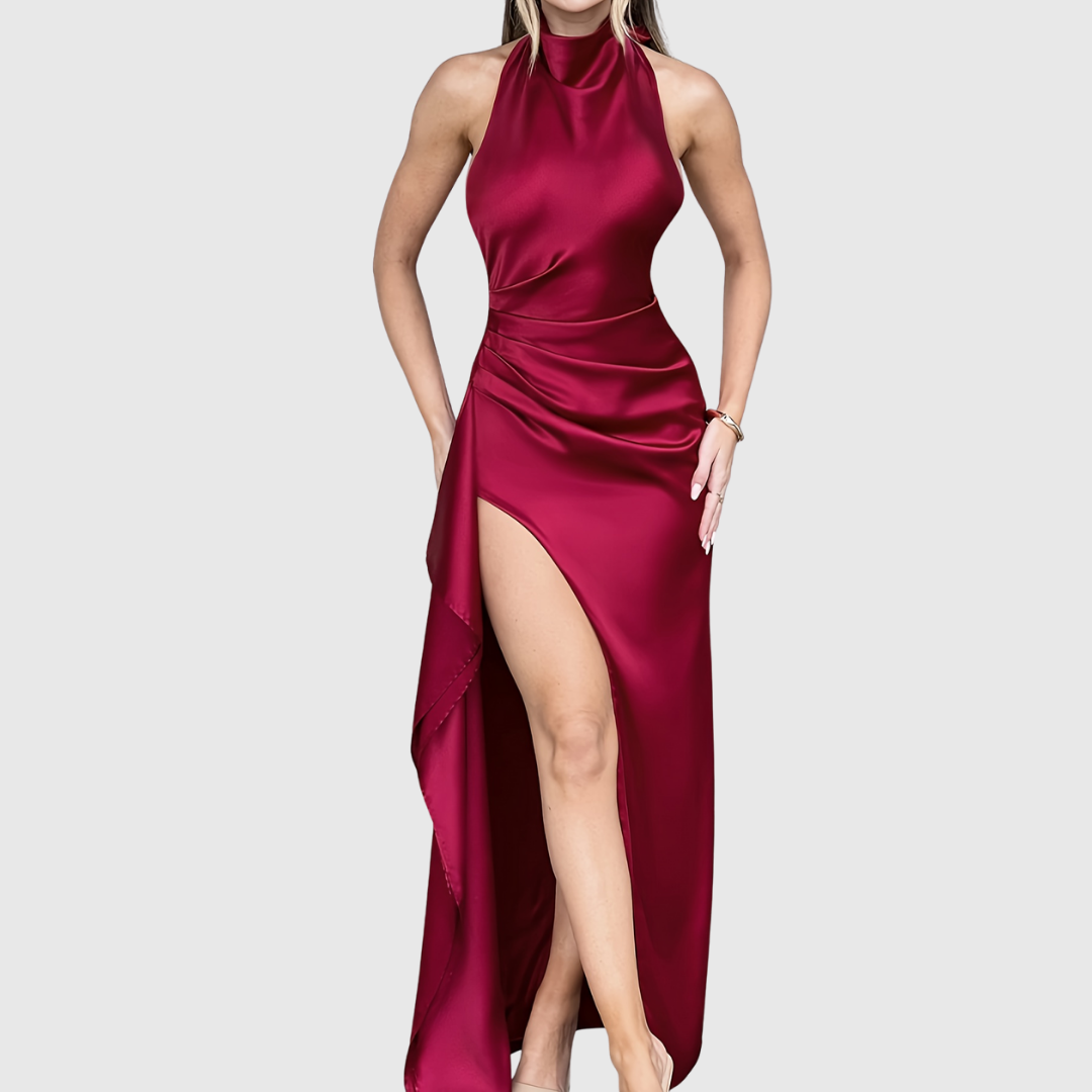 Elegant women's evening dress with a high thigh slit, perfect for formal events & parties.