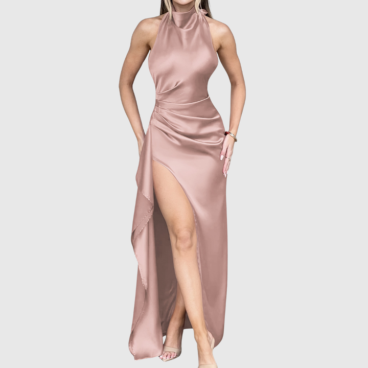 Sleek silhouette women's formal gown with high neckline & thigh slit for special occasions.