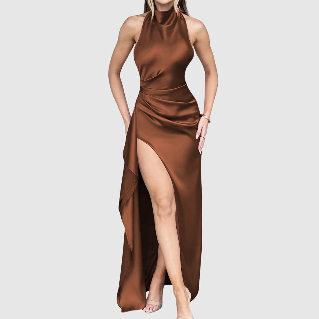 Stylish women's party dress, an elegant formal gown with a high slit, ideal for galas & events.