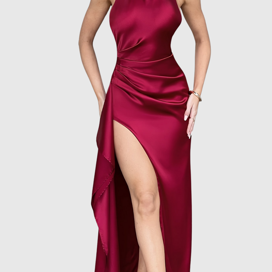 Sophisticated women's formal evening dress with thigh slit, perfect for galas, parties & special events.