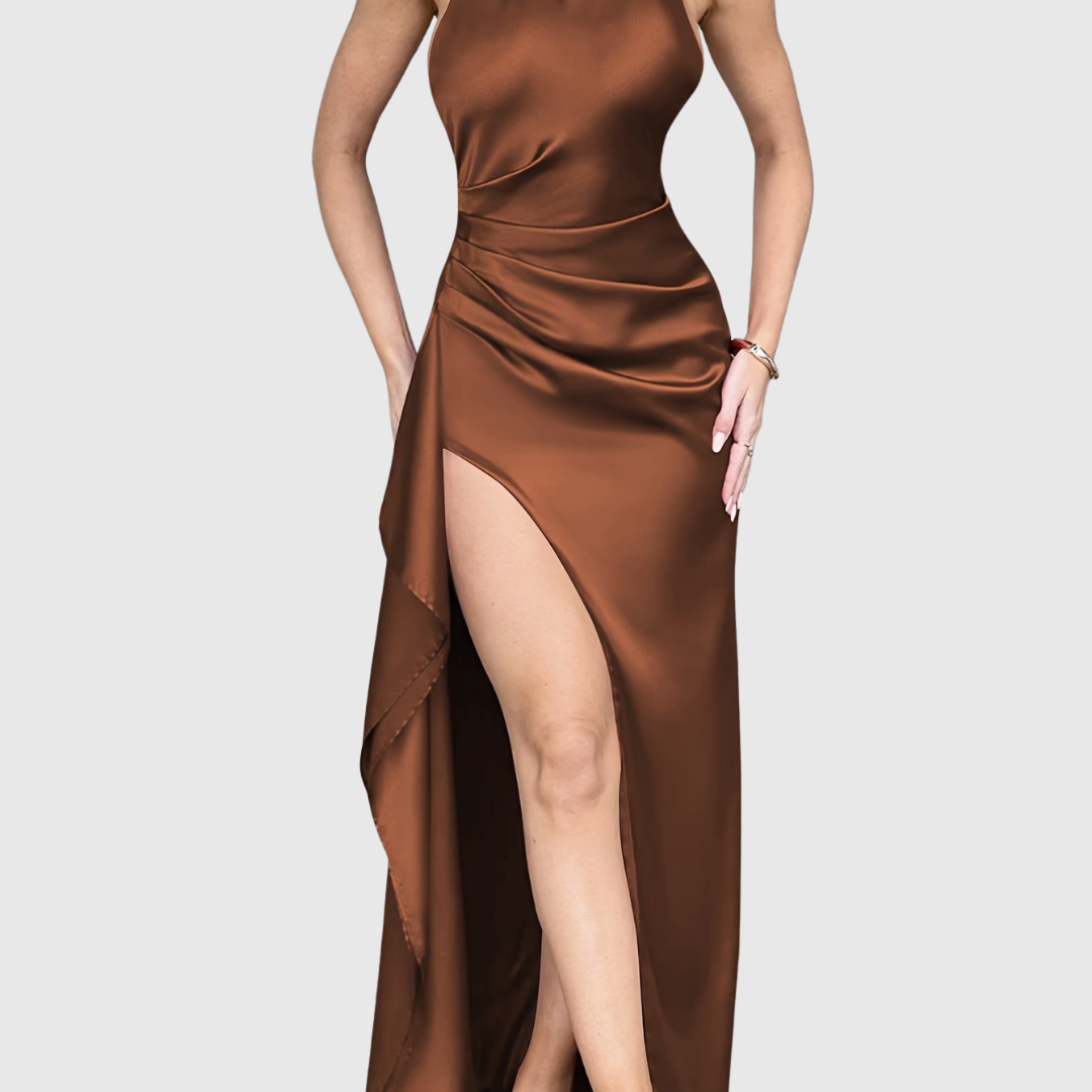 Chic women's party dress, a formal evening gown with a high neckline & daring thigh slit for elegance.