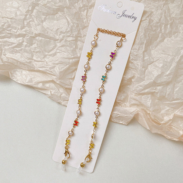 Elegant women's eyeglass chain with colorful crystal beads & durable silicone loops for stylish eyewear retention.