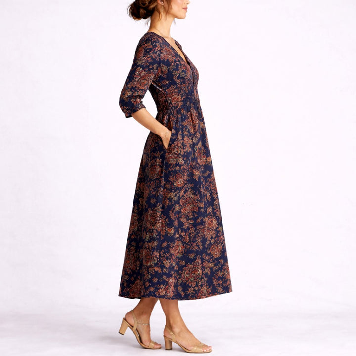 Autumn floral V-neck maxi dress for women, ideal elegant wedding guest or party outfit. Long A-line occasion wear.