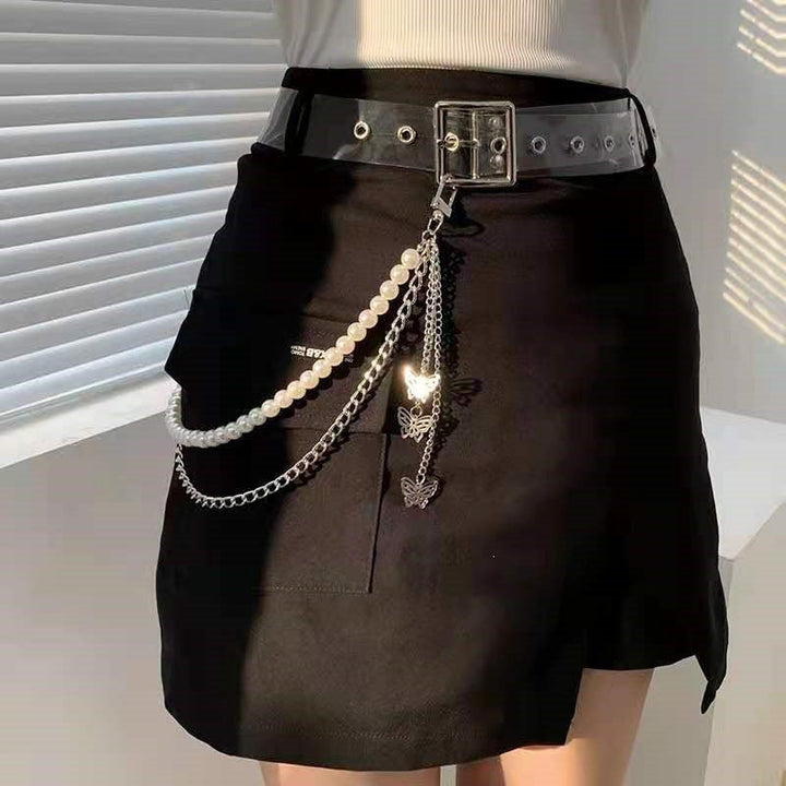 Elegant women's fashion belt featuring a delicate pearl chain & sparkling butterfly pendant, adjustable and chic.