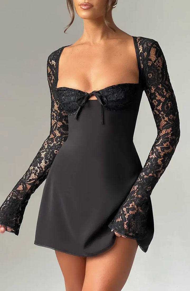 Romantic women's special occasion dress, a short fit & flare lace sleeve design for elegant evenings.