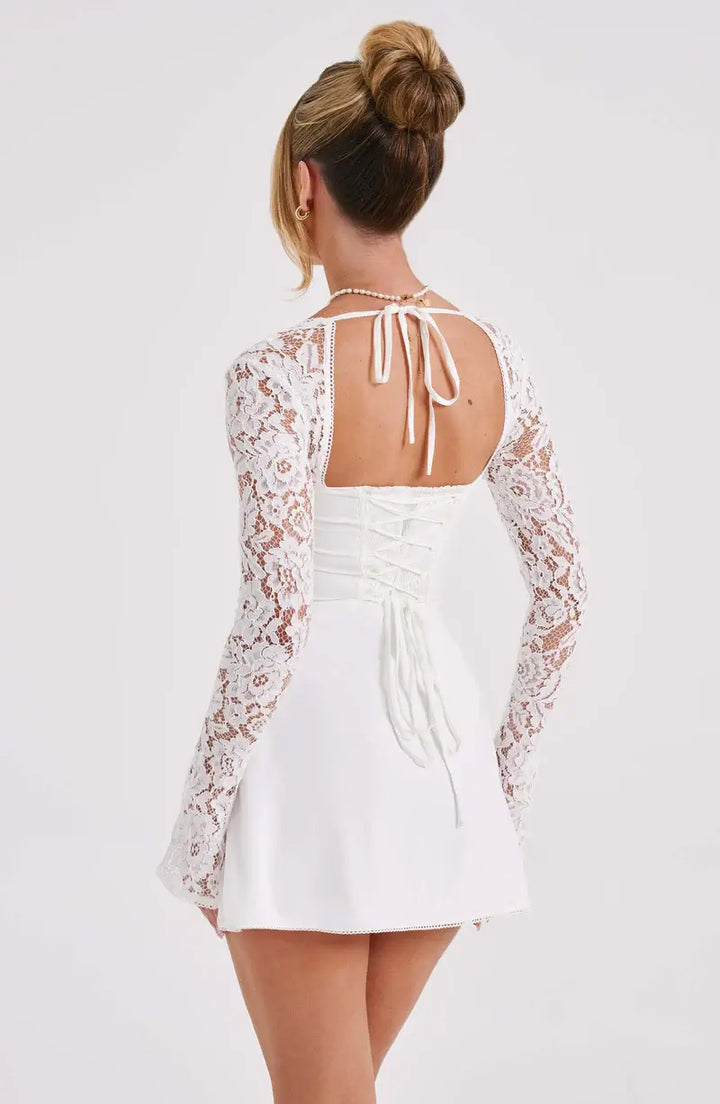 Trendy women's fit & flare mini dress with sophisticated lace sleeves, great for parties & formal gatherings.
