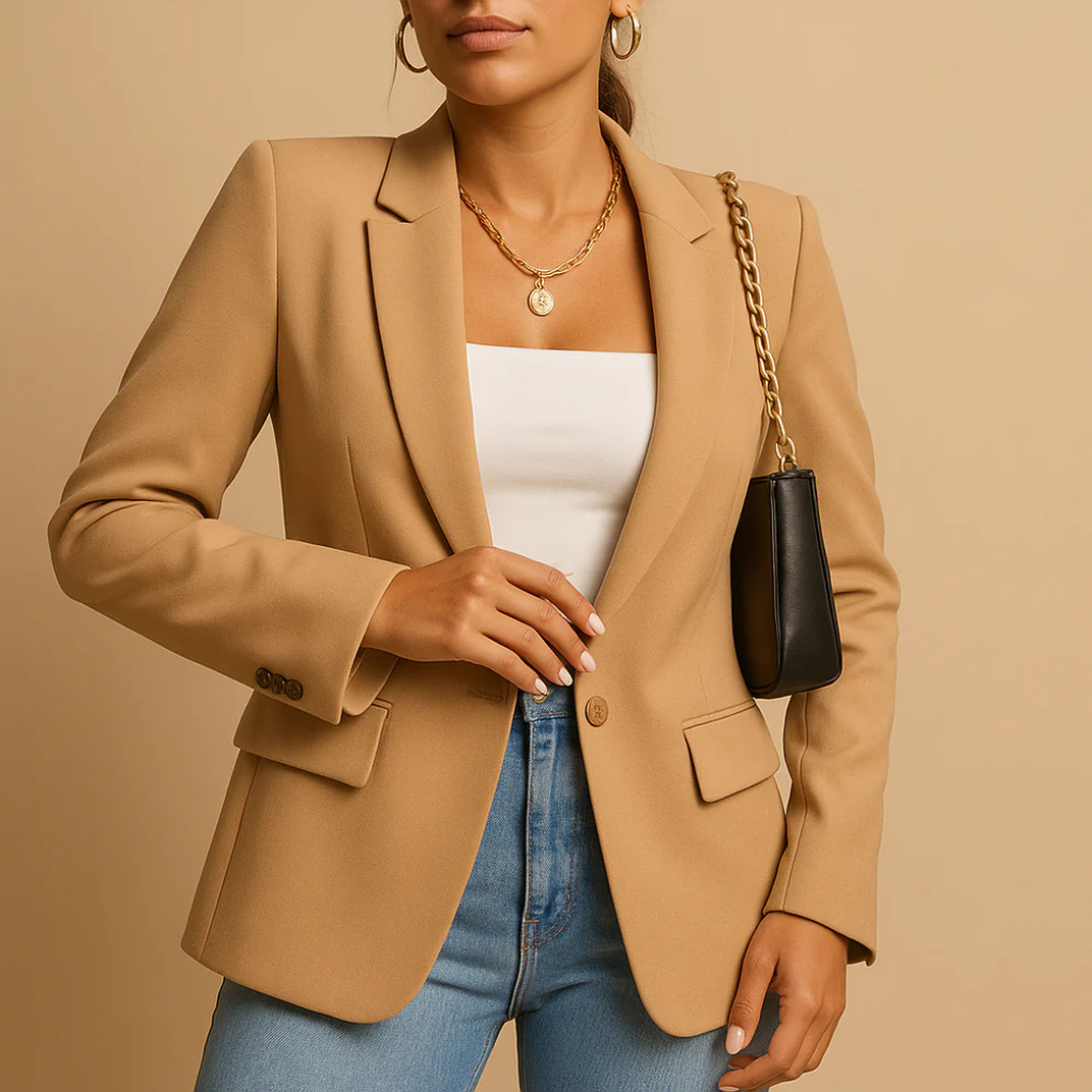 Stylish women's fitted blazer, tailored for a flattering silhouette. Modern professional and casual jacket.