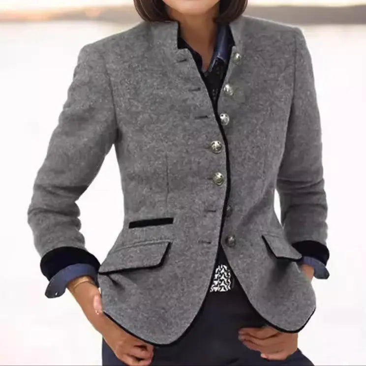 Women's formal fitted blazer with contrast trim & flap pockets. Ideal for workwear and smart casual autumn fashion.
