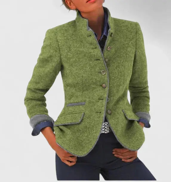Professional women's fitted blazer. Elegant workwear jacket with stylish contrast trim for a smart office look.
