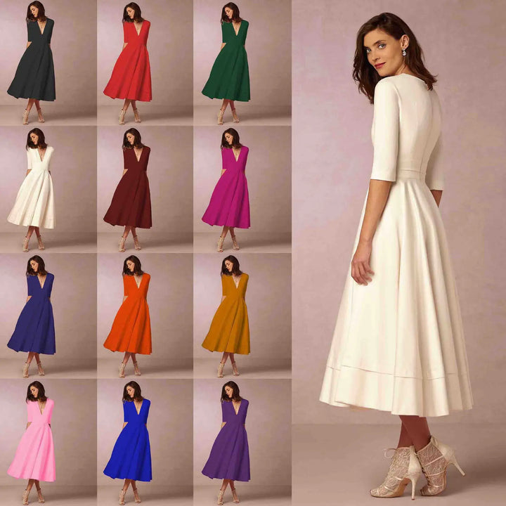 Side view of a women's fitted midi dress, highlighting its elegant silhouette for summer and event wear.