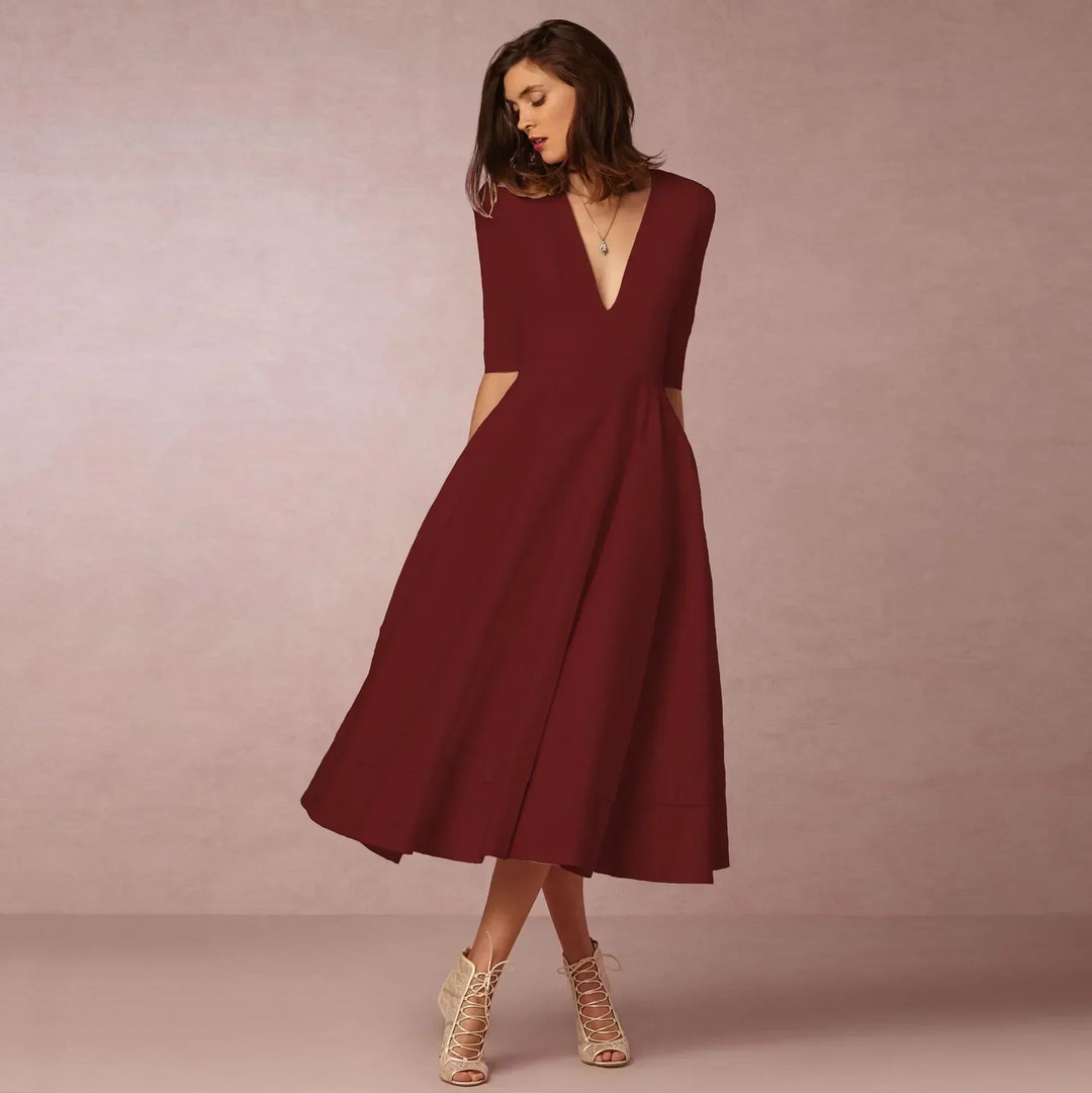 Stylish red fitted midi dress for women, offering an elegant look for summer parties & event wear.