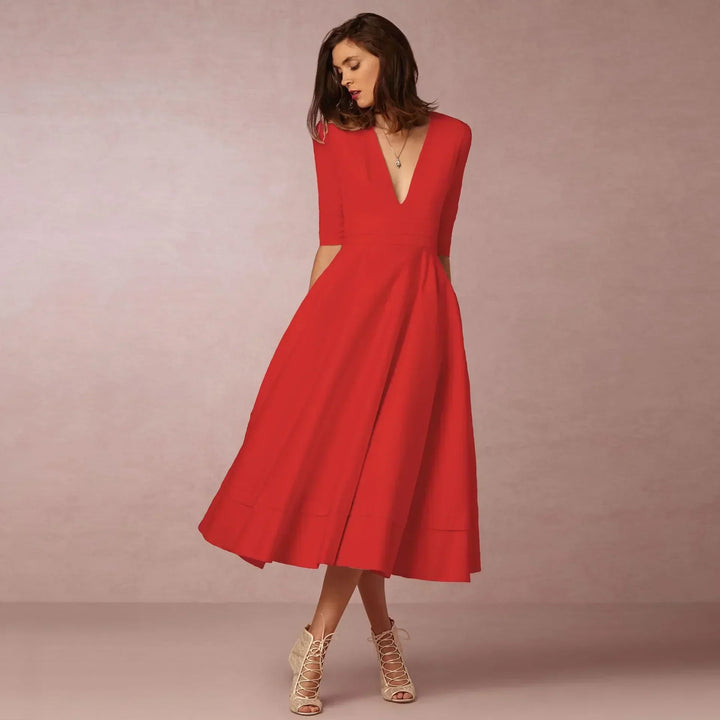 Back view of a women's elegant fitted midi dress, perfect for summer events & sophisticated style.