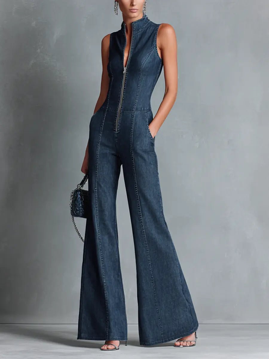 Elegant women's flared high neck zip jumpsuit, perfect for evening wear. Retro style sleeveless blue statement piece.