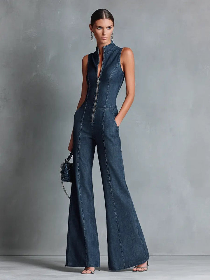 Stylish women's retro blue flared jumpsuit with high neck and front zip. Ideal for special occasions.