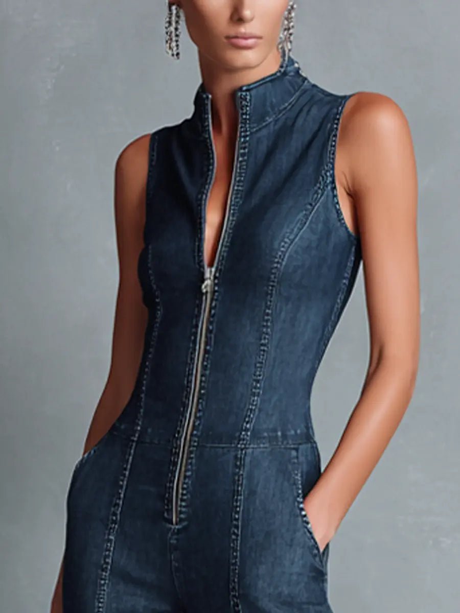 Chic sleeveless high neck zip-front jumpsuit for women, featuring a flattering flared leg and retro style.