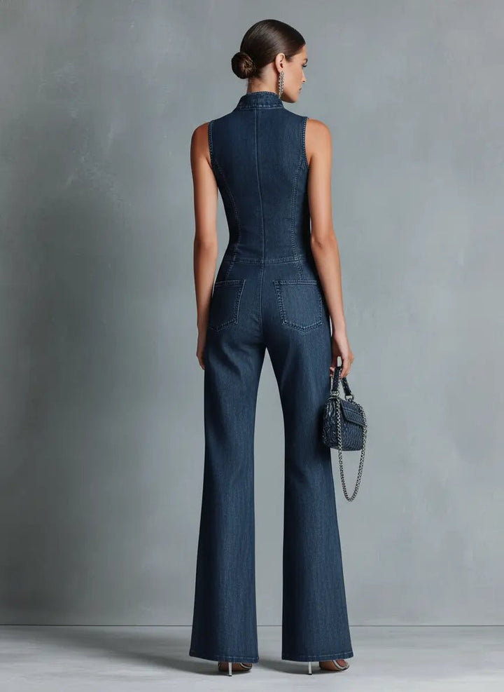 Fashionable women's evening wear: a flared high neck jumpsuit with a sleek front zip. Retro and comfortable.