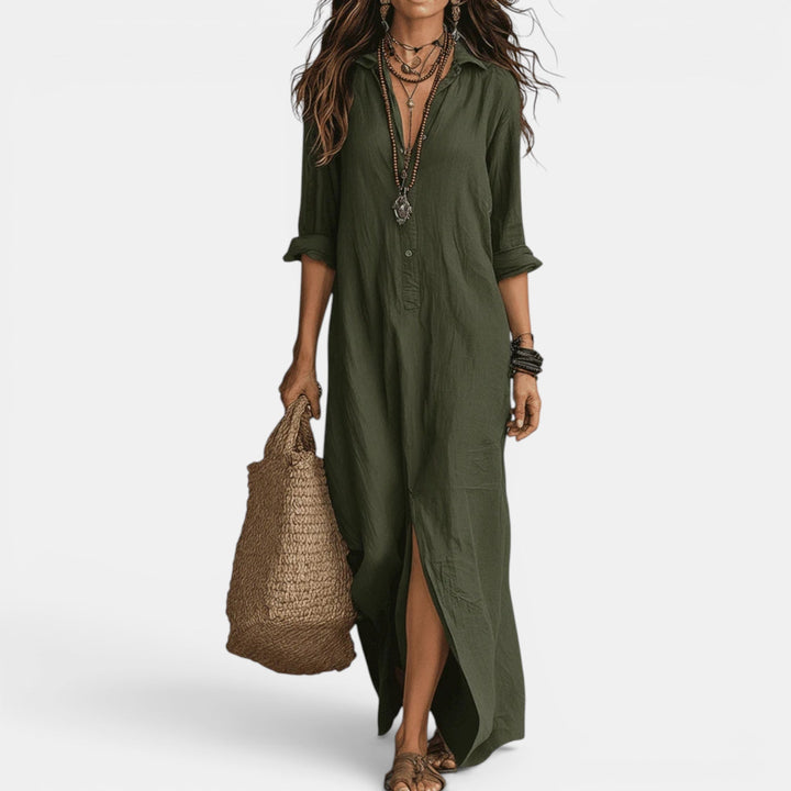 Elegant Women's Flattering Long Summer Maxi Cocktail Dress with V-neck, perfect for evening or party wear.