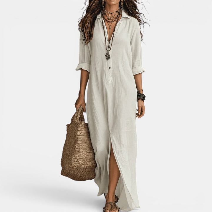 Flowy summer maxi dress for women, ideal as a vacation or beach party dress with a relaxed fit.