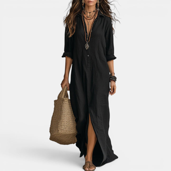 Stylish women's long cocktail dress, elegant V-neck design, perfect for evening events & special occasions.