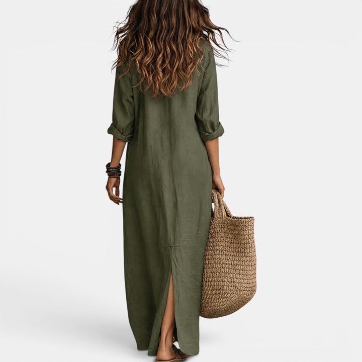 Flattering V-neck maxi dress for women, a versatile long summer dress perfect for parties and elegant evenings.