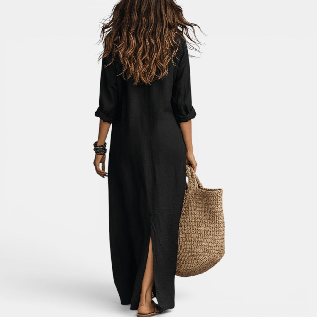 Flattering long summer maxi dress for women, a stylish V-neck design for cocktails, parties, and vacation.