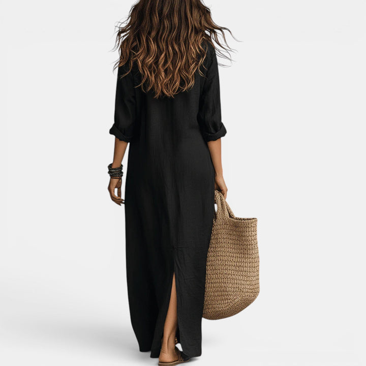Flattering long summer maxi dress for women, a stylish V-neck design for cocktails, parties, and vacation.