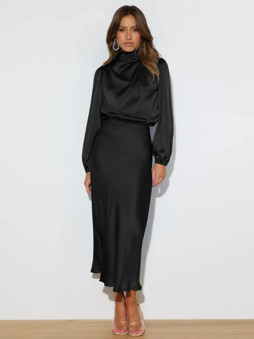 Women's long elegant evening dress, floor-length, perfect for special occasion parties & formal wear.