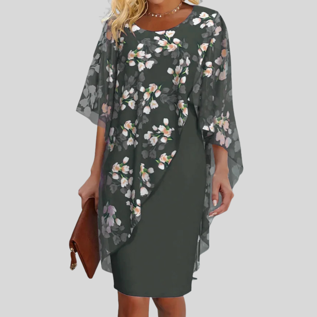 Women's versatile elegant floral print midi dress. A-line cut, ideal for summer, casual or formal events.