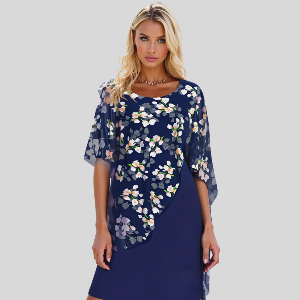Feminine floral A-line midi dress, an elegant choice for women attending a wedding, party, or garden event.