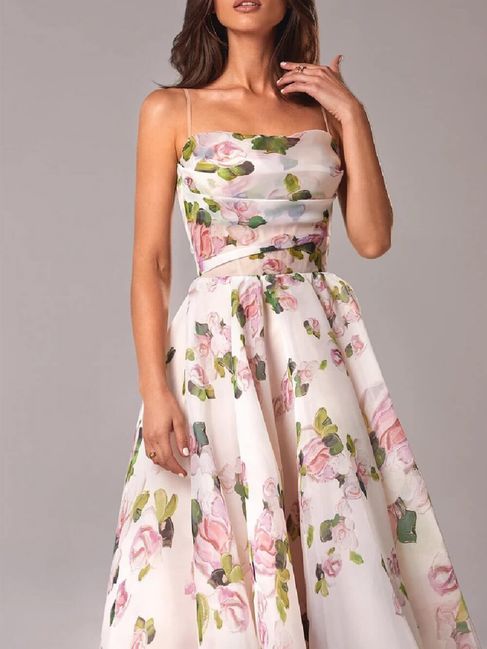Romantic floral spaghetti strap A-line midi dress for women, ideal for summer events, parties, or wedding guest attire.