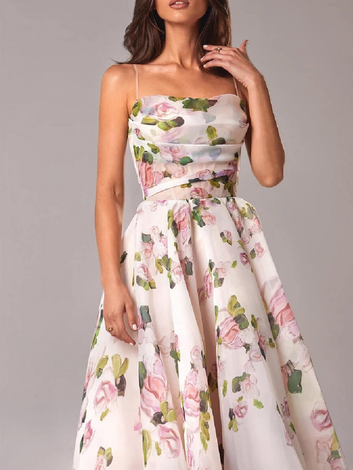 Romantic floral spaghetti strap A-line midi dress for women, ideal for summer events, parties, or wedding guest attire.