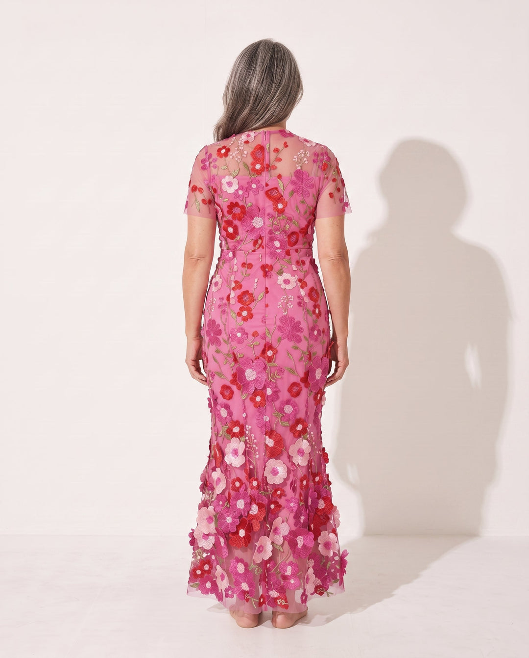 Fitted women's midi dress with stunning floral appliqué & sheer sleeves, an elegant choice for parties & formal events.