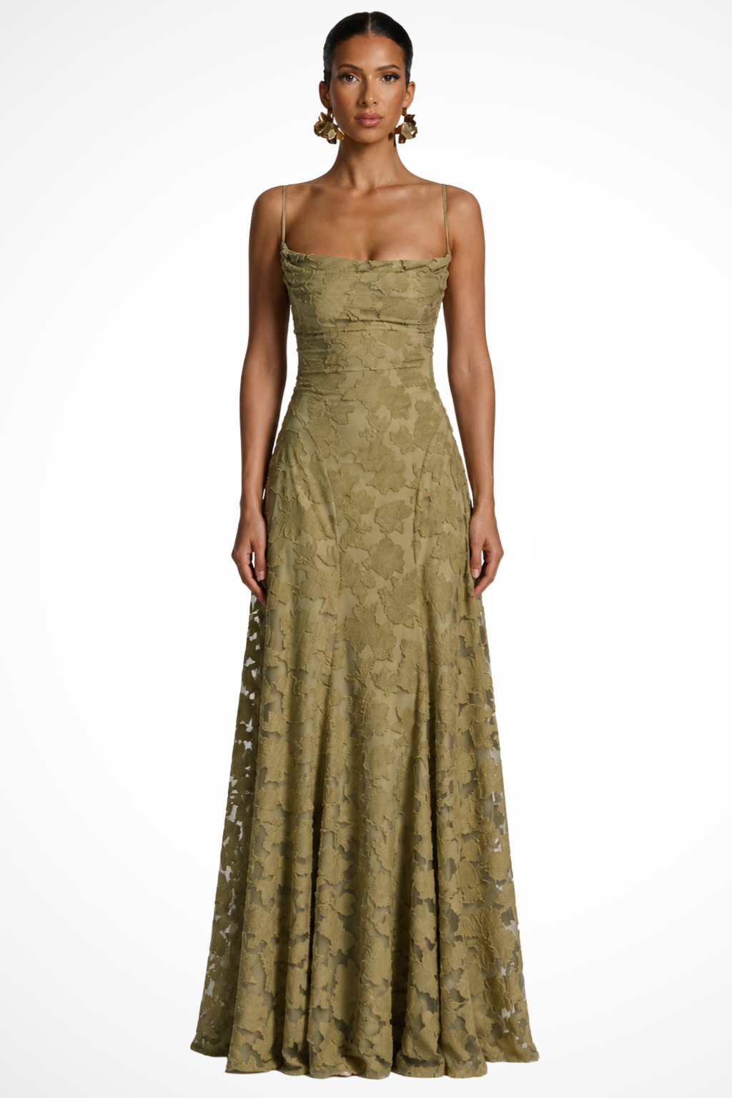 Elegant women's floral brocade maxi dress, perfect wedding guest attire.