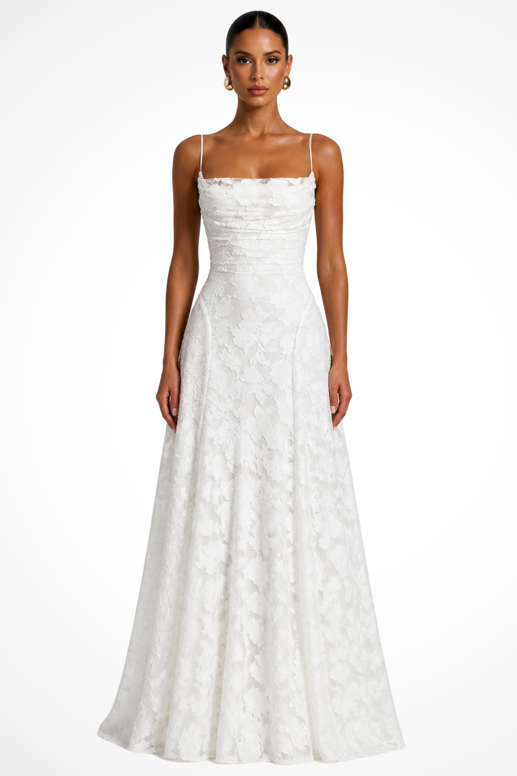Women's formal floral brocade cami strap maxi dress, an elegant party outfit.