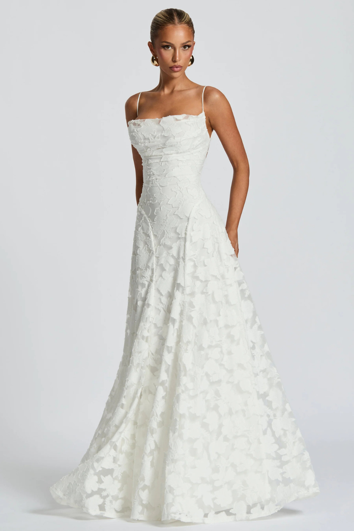 Beautiful floral brocade cami strap maxi dress, a chic women's evening gown.