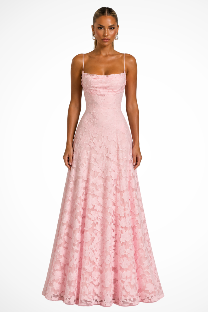 Long floral brocade dress, a sophisticated wedding guest or evening party attire.