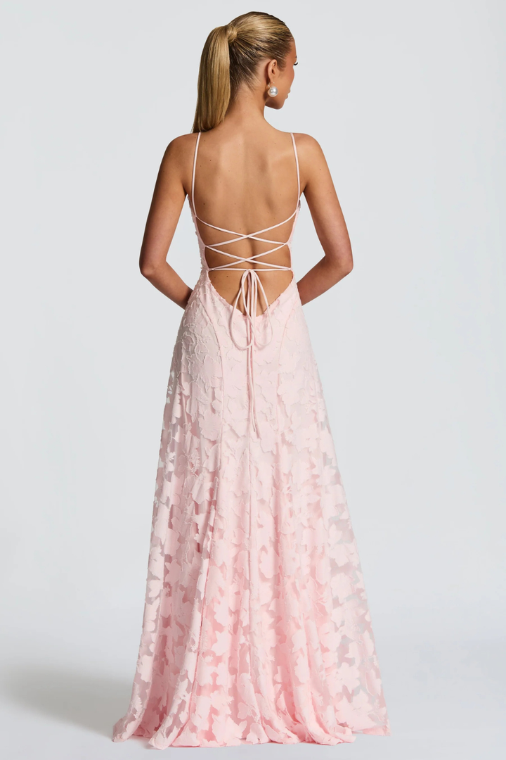 Elegant wedding guest floral brocade maxi dress, a beautiful long cami gown.