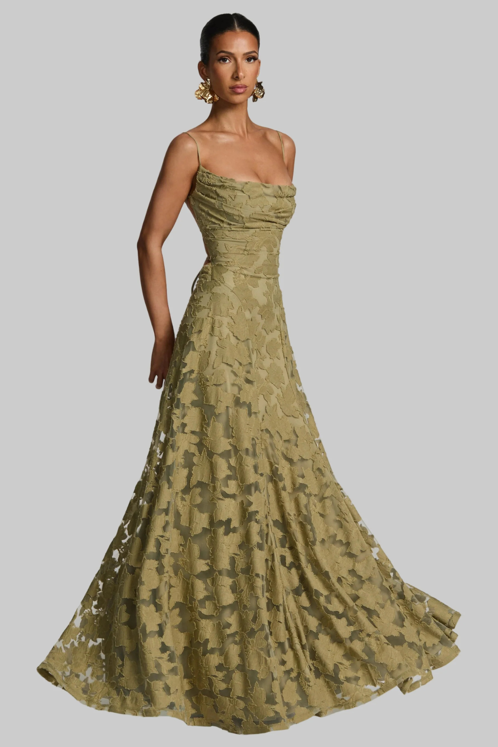 Beautiful women's cami strap floral brocade evening gown, a chic maxi dress.
