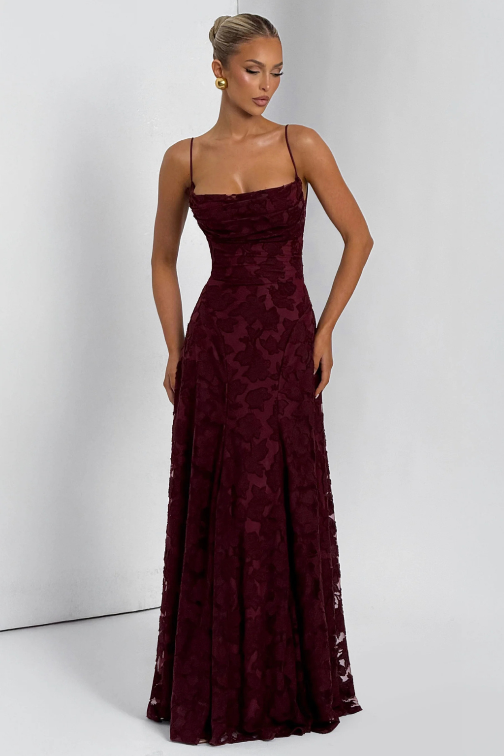 Floral brocade maxi dress for women, an elegant choice for wedding guests.