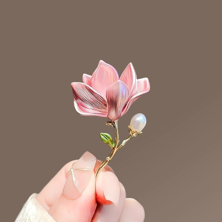 Elegant women's floral brooch pin with pink and lilac enamel, perfect fashion accessory for dresses.