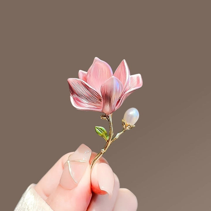 Elegant women's floral brooch pin with pink and lilac enamel, perfect fashion accessory for dresses.