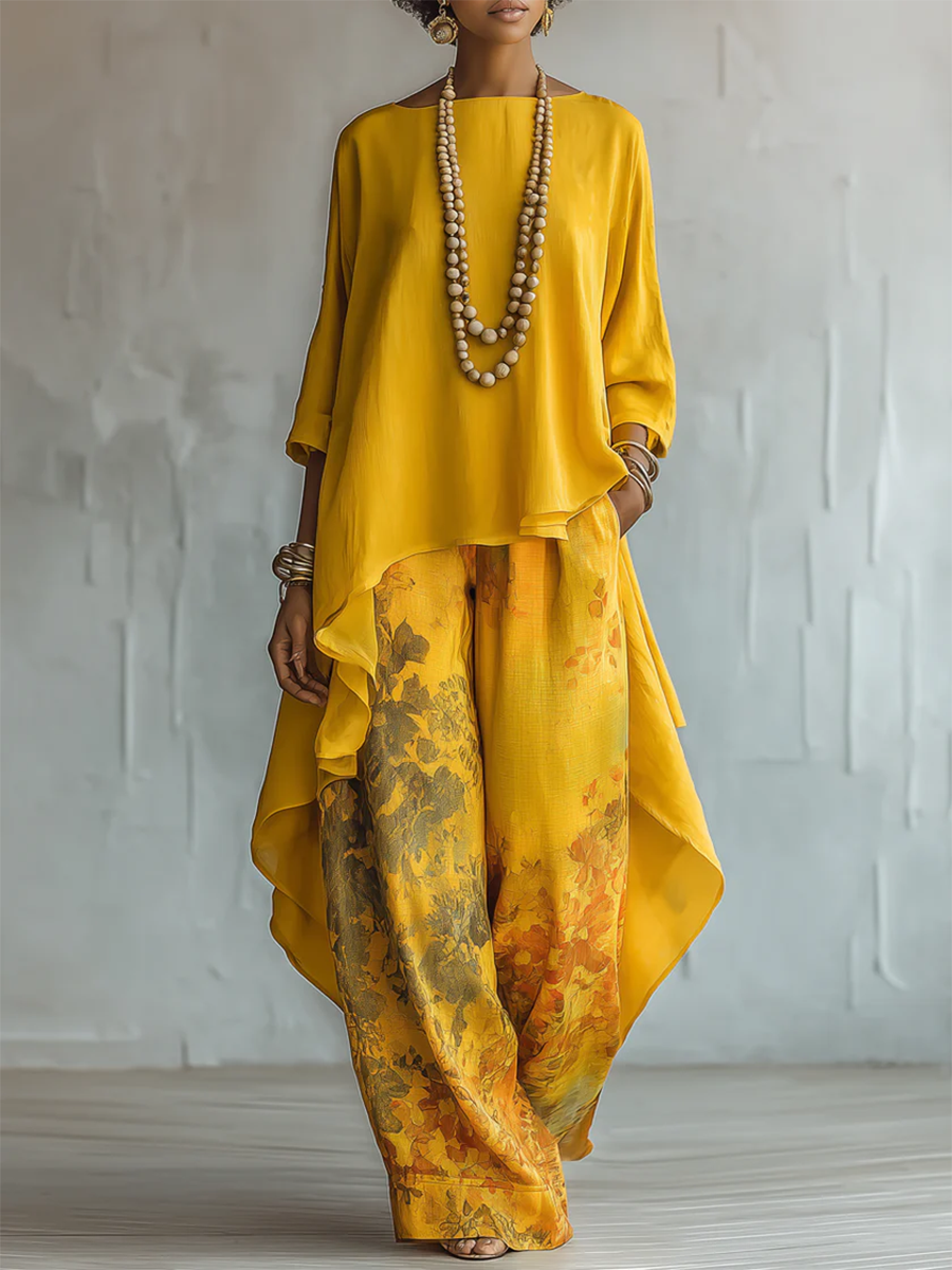 Elegant women's floral co-ord set with a stylish tunic and wide-leg pants. Perfect two-piece matching outfit for summer.