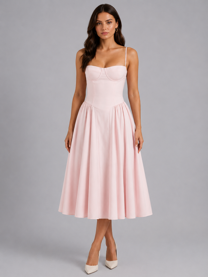 Beautiful floral corset midi dress for women, versatile as a day or evening summer dress.