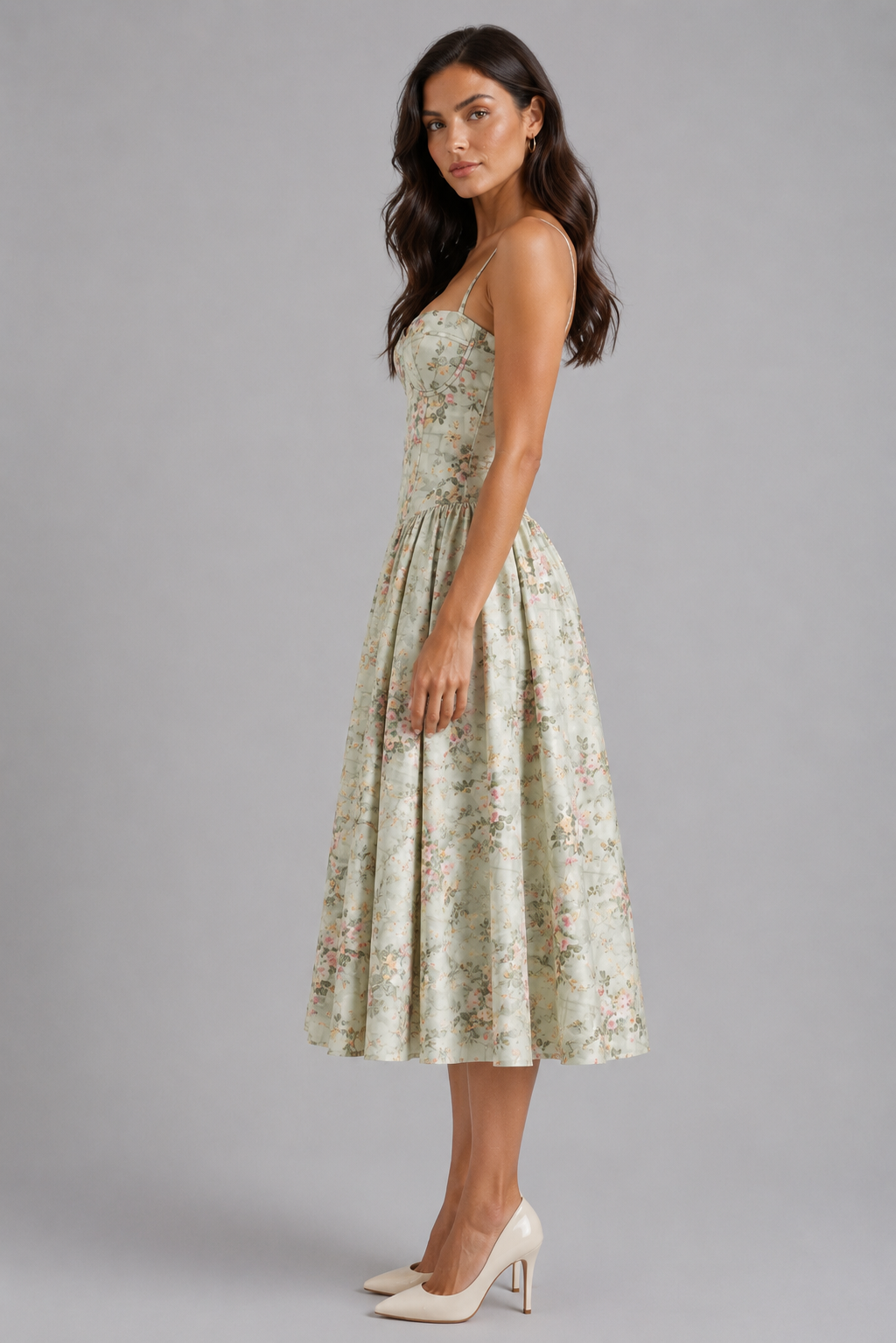 Trendy women's floral corset midi dress showcasing elegant summer style for any occasion.