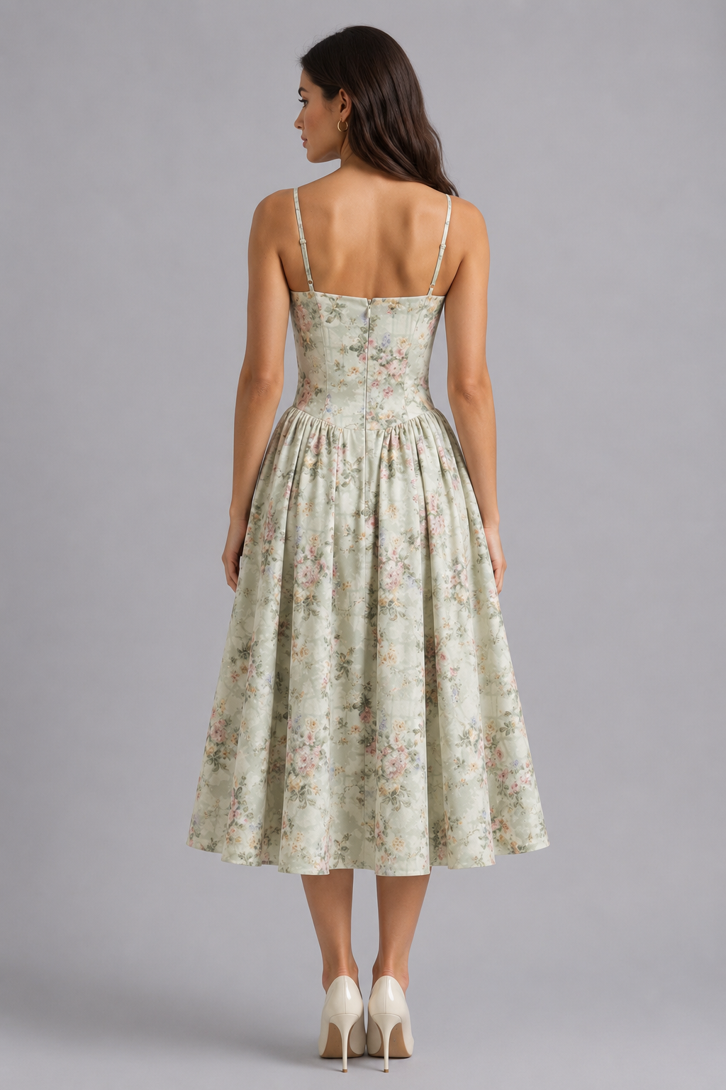 Gorgeous red floral corset midi dress, an elegant women's summer dress for day or evening wear.