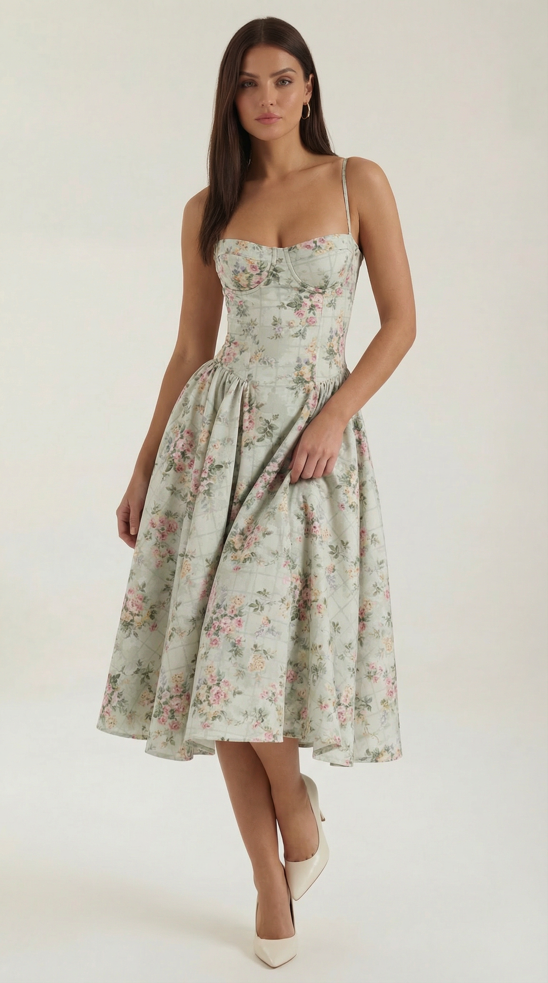 Elegant women's floral corset midi dress with sweetheart neckline for summer parties.