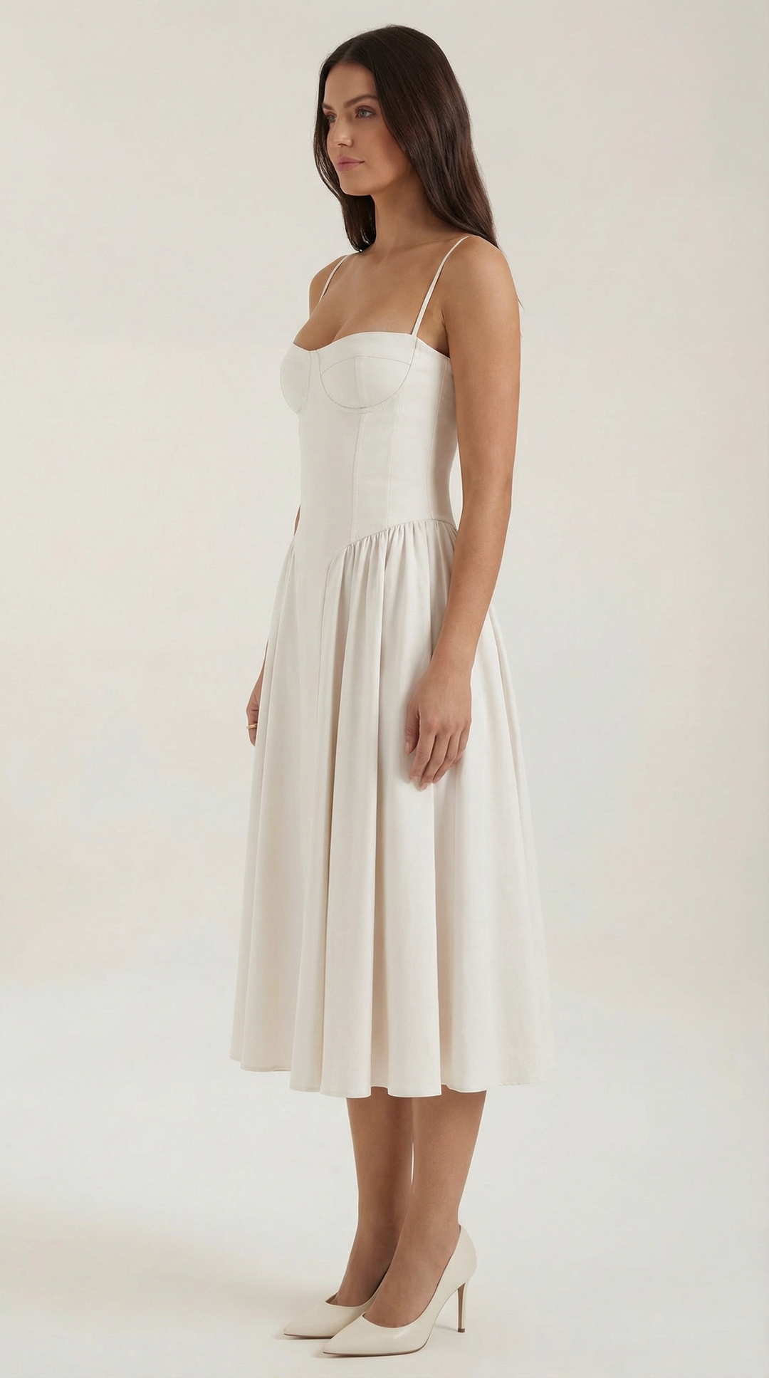 Stylish women's floral midi dress with corset bodice & sweetheart neck, perfect for garden parties.