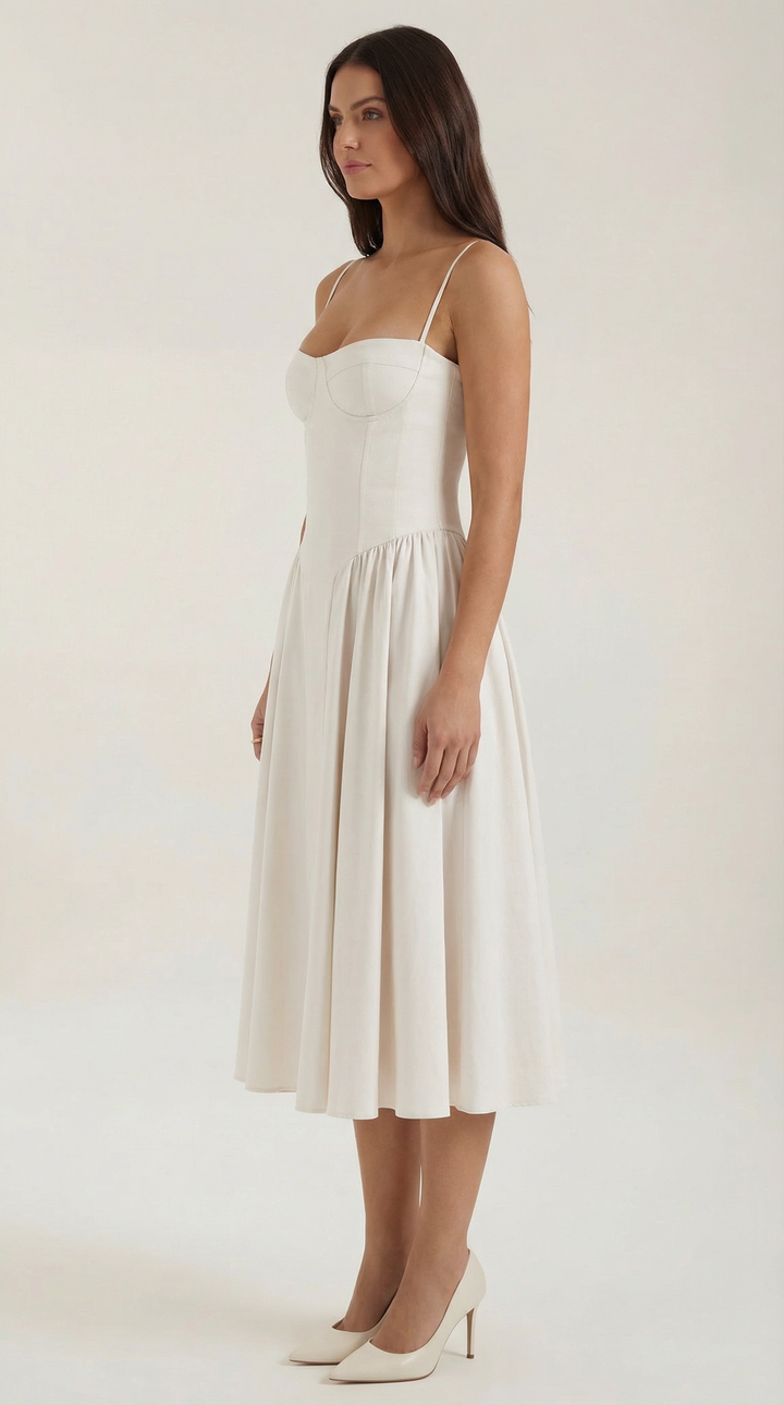 Stylish women's floral midi dress with corset bodice & sweetheart neck, perfect for garden parties.