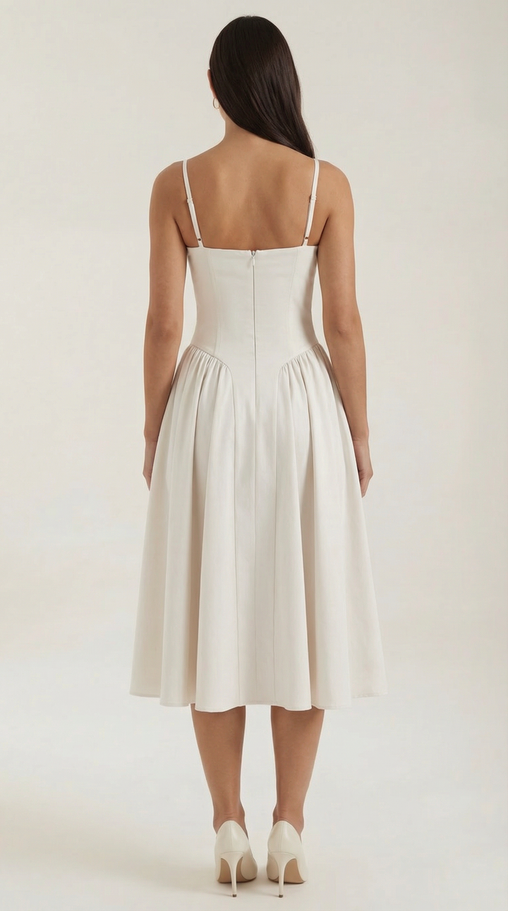 Women's occasion dress: floral corset midi design with elegant sweetheart neck for spring fashion.