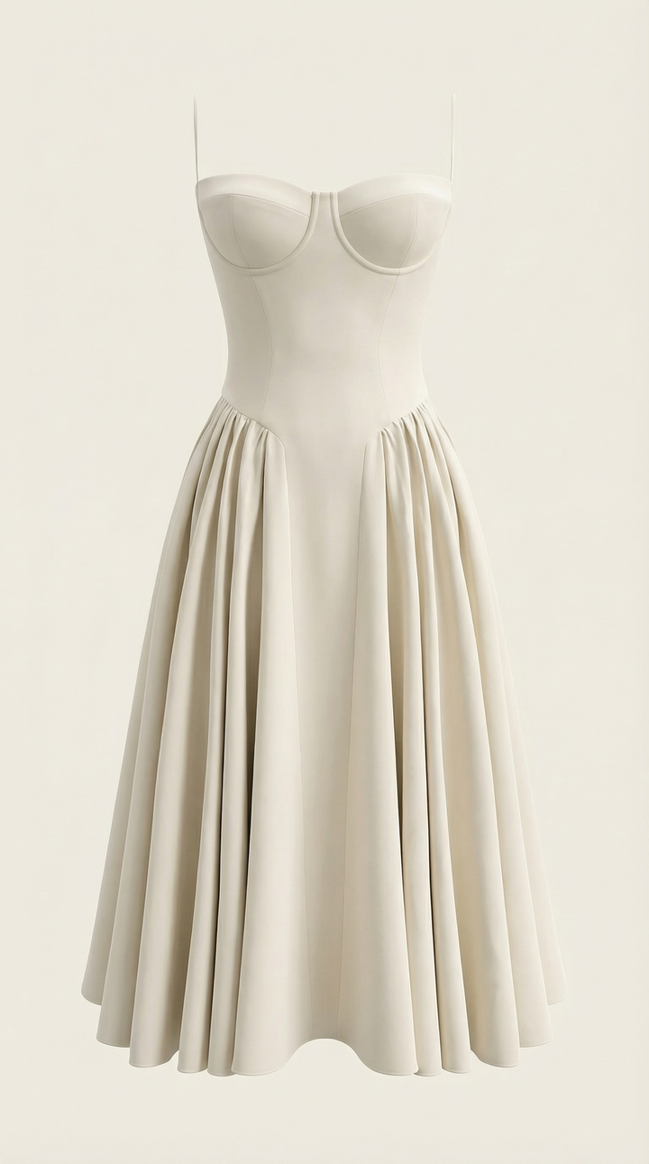 Graceful women's floral midi dress, featuring a corset-style top & sweetheart neckline for summer.